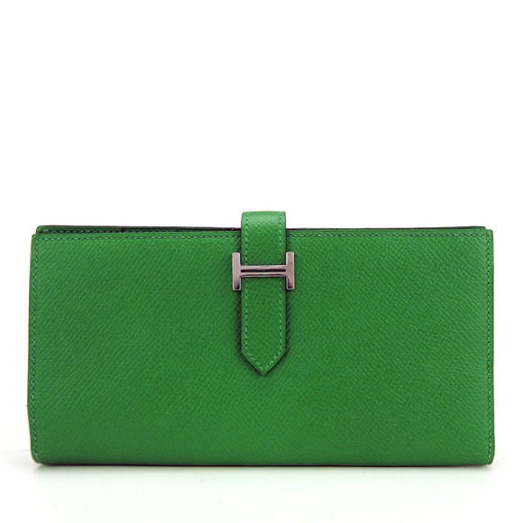 Hermes Long Wallet Bearn Soufflet Veau Epsom Bamboo Green Bi-fold Women's Men... - Picture 1 of 11